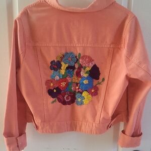 Source Unknown Coral Pink Jean Jacket with Colorful Floral Embroidery